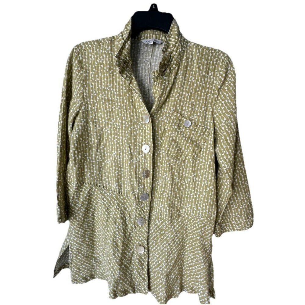 John Mark Full Button Linen Tunic Top Size XS Green Wire Collar Lagenlook Artsy